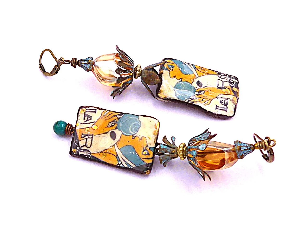 Pendientes de cerámica artesanal, latón patinado, vidrio facetado – photo 3